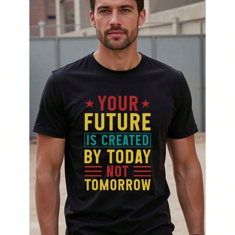 Fine Quality Natee Local Warehouse Permission  Create Your Future Today Motivational T-Shirt, 100% Cotton Fabric,Crew Neck,Short Sleeve,Regular Fit,All-Season Casual Wear For Men And Teens-Perfect For Running, Hiking, The Beach, And Parties - màu đen - Xem 1