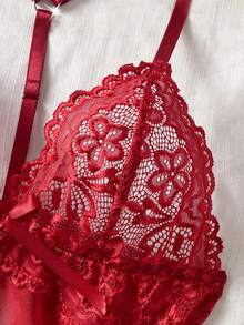 Gorgeous Wine Red Lace Nightgown, Flattering Silhouette, Elegant Night Time, Sexy Lace Patchwork Sheer V-String Panty For Going Out