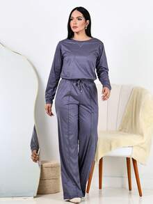 Women's Winter Set: Wide Leg Pants And Long Sleeve Suede Top, Elegant And Comfortable - Xám - Xem 2