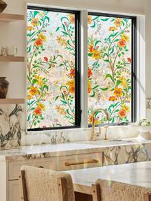 1 卷彩色花卉玻璃窗隐私膜，3D 彩虹静电贴防紫外线和隔热彩虹窗膜，适用于家庭、浴室、前门、防晒和装饰（17.53 * 118 英寸）