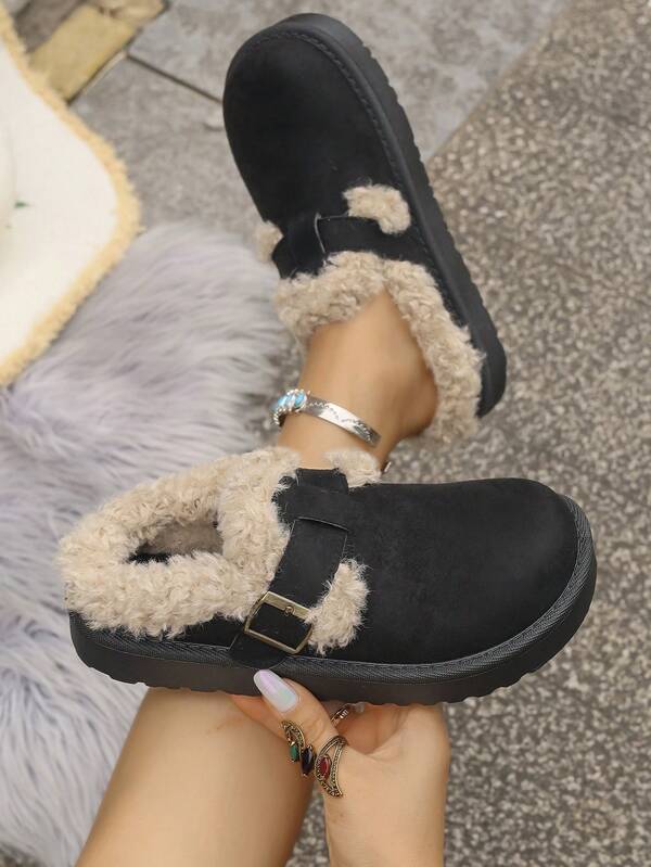 Pantuflas de mujer con forro grueso y cálido, zapatos con hebilla ajustable, suela blanda antideslizante, cómodos para usar en casa en otoño e invierno