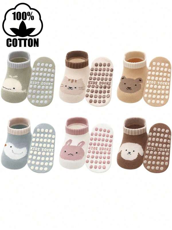 6 Pairs Cotton Cartoon Non-Slip Boat Socks For Toddler Boys & Girls, Baby Socks With Grips For Trampoline, Spring/Summer