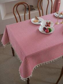 1 件红格子和绿色桌布，波西米亚休闲清新风格餐桌布，适用于酒店、餐厅、卧室、客厅、派对、户外聚会、节日装饰、秋季装饰、房间装饰 - 紅色 - 查看 6