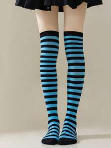 1 Pair Women Over Knee Socks, Cosplay Anime Character Uniform, Japanese Style Striped & Solid Thigh-High Stockings