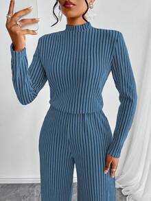 Amarilo 女士休闲优雅立领长袖阔腿连体裤秋冬时尚通勤简约长款连体衣 - 藍色 - 查看 3