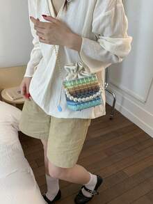 Fashionable New Mini Colorful Striped Shoulder Bag, Casual Woven Pearl Hardware Decoration Handbag, Exquisite And Versatile Drawstring Women's Crossbody Bag, Suitable For Shopping, Wallets, Shopping, Young Women, College Students, Newcomers, And White-Collar Workers. They Are Very Suitable For Offices, Universities, Work, Business, Commuting, Outdoor Activities, Travel, And Outings - Multicolor - View 4