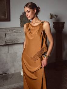 Sollinarry 女士新款缎面蕾丝拼接金属装饰无袖上衣和半裙两件套，派对礼服，婚礼宾客装扮，适合圣诞节、新年和夏季穿着 - 棕色 - 查看 3