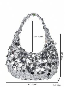 1个绗缝拉链PVC亮片新月形手提包，时尚设计亮片托特包，女士晚宴派对时尚手拿包，容量大，闪亮亮片包，适合女士参加宴会和派对，亮片 - 銀色 - 查看 12