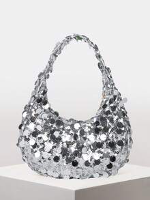 1个绗缝拉链PVC亮片新月形手提包，时尚设计亮片托特包，女士晚宴派对时尚手拿包，容量大，闪亮亮片包，适合女士参加宴会和派对，亮片 - 銀色 - 查看 2