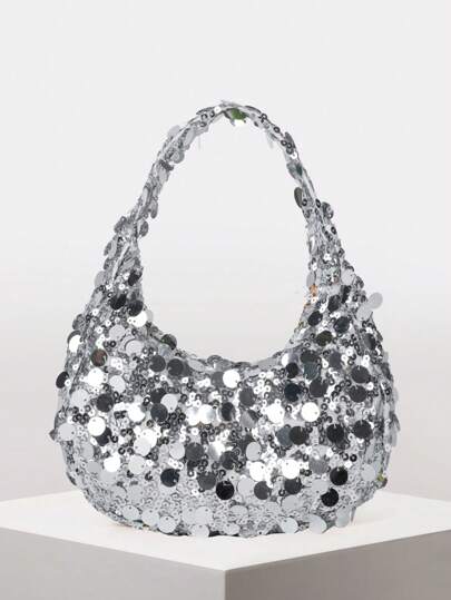 1pc Quilted Zipper Closure PVC Sequin Crescent Handbag, Fashion Design Tote Sequin Bag For Women, Stylish Clutch Purse For Evening Party, Spacious Shiny Glitter Bag, Suitable For Women To Attend Banquet And Party