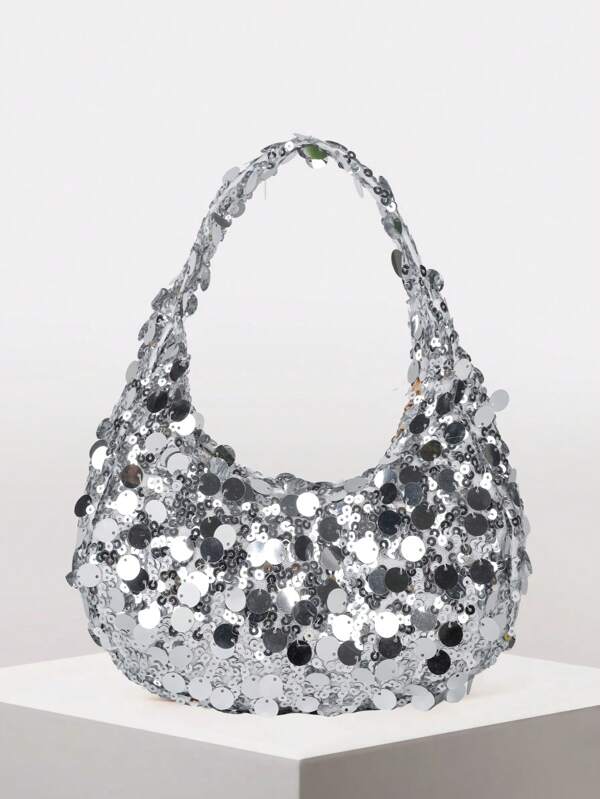 1 pieza Bolso de mano de media luna con cierre de cremallera acolchado de PVC con lentejuelas, diseño de moda bolso de tote con lentejuelas para mujer, elegante bolso de embrague para fiesta de noche, bolso brillante y brillante espacioso, adecuado para que las mujeres asistan a banquetes y fiestas