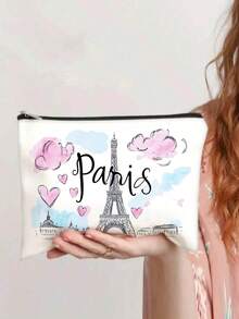 1pc Cartoon Romantic Paris Eiffel Tower Pattern Makeup Bag, Charger Storage, Gift For Friends - Multicolor - View 1