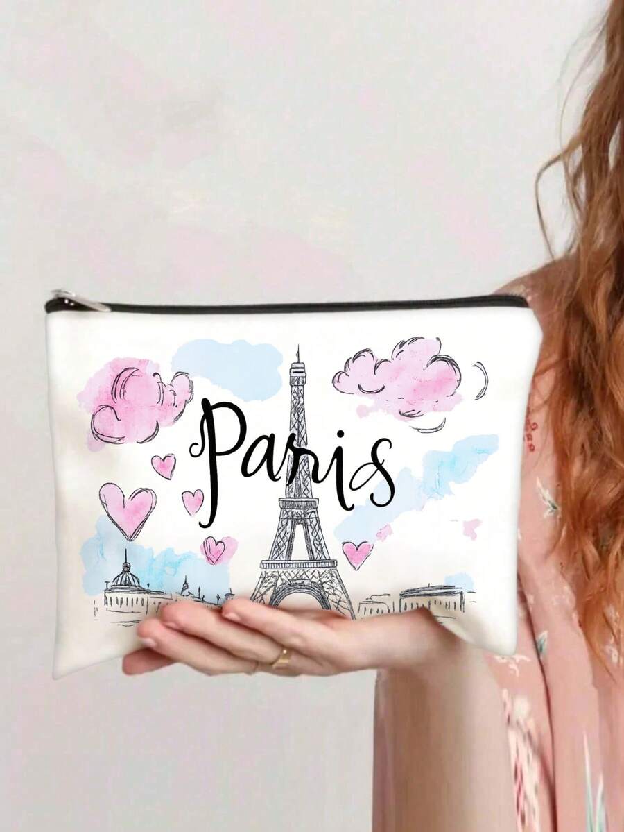 1pc Cartoon Romantic Paris Eiffel Tower Pattern Makeup Bag, Charger Storage, Gift For Friends - Multicolor - View 1