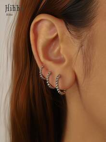 6 件套迷你串珠扭纹圆形耳环套装，简约圆形耳环，时尚轻巧椭圆形夹式耳环，适合休闲和运动穿着