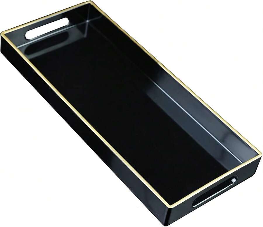 Black Vanity Tray With Handles, Decorative Tray Desktop Storage Organizer For Bathroom, Living Room, 5.9"*13.7",9824640