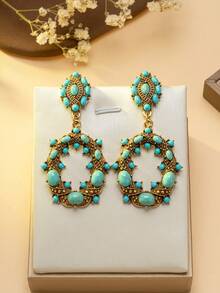 1 件项链 1 对耳环套装，复古波西米亚绿松石金项链耳环套装，奢华绿松石雕花金属项链耳环套装，独特的绿松石首饰套装，时尚绿松石镶嵌复古项链耳环组合