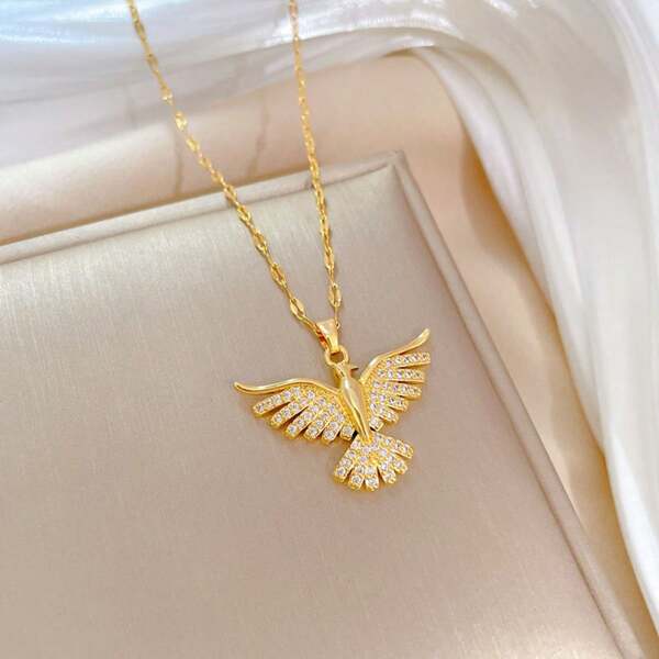 1pc Phoenix Spreading Wings Slim Luxury Wedding Necklace, Women's Versatile Collar Chain, Copper Inlaid Zirconia Versatile Eagle Pendant