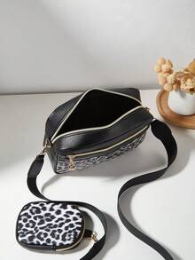 1 pieza Bolso pequeño para niñas con patrón de olas y letras en relieve, billetera para teléfono y monedero - Leopardo blanco y negro - Ver 6