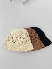 1pc Artisanal Vintage Color Block Crochet Knit Bucket Hat, Spring Autumn Sun Protection Hat, Tai Chi Bagua Handmade Crochet Bucket Hat - Multicolor - View 1