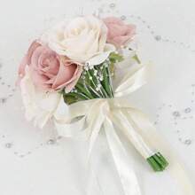 Ramo de novia artificial, ramo de dama de honor de rosas falsas hecho a mano, decoración central para la recepción de boda