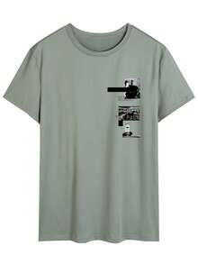 男士夏季字母印花圆领宽松休闲T恤 - 綠色 - 查看 2