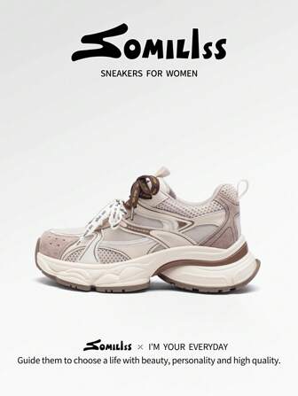 somiliss Zapatillas con plataforma de 5,5 cm con cordones, para mujer, de malla transpirable y piel de PU, suela gruesa antideslizante, cómodas zapatillas para correr, de moda para caminar casual al aire libre, color albaricoque, otoño