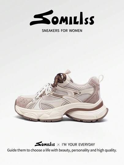 somiliss 5.5厘米厚底系带PU皮革网布拼接舒适跑步鞋，时尚厚底运动鞋，轻便柔软，休闲户外步行鞋，杏色，秋季
