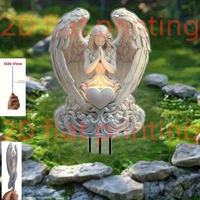 2D 平面，无 3D 天使守护者带心形底座亚克力花园 - 优雅的白色翅膀和精致的设计花园装饰 - 非常适合户外、花园、草坪装饰 - 完美的节日礼物，无需电源，户外装饰 | 天使设计 | 适合 11 个假期的装饰件