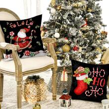 4 st/280 st örngott med jultema, svart bakgrund med jultomten- och polkagrismönster, lämplig för julvardagsrum, sovrum, soffdekoration, 45x45 cm örngott, julfestdekoration, julrestaurangdekoration - Jultomten med käpp på svart bakgrund - Visa 7