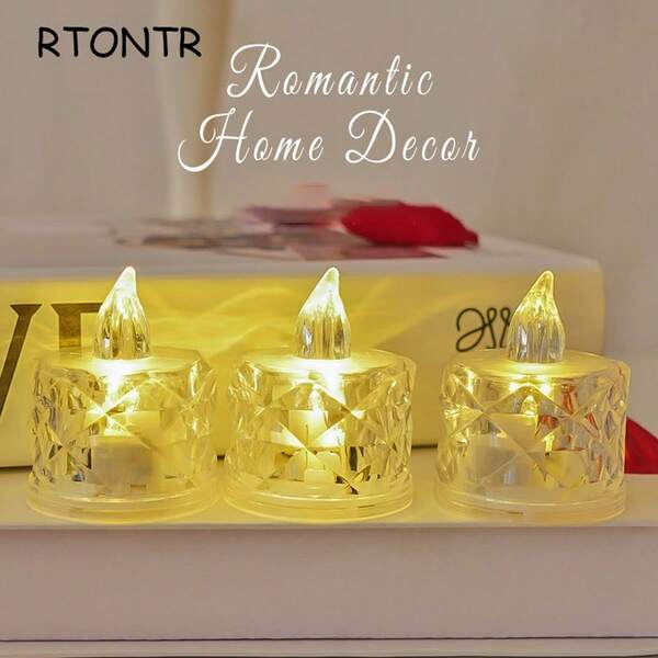 RTONTR 24 件亚克力水晶图案 LED 电子蜡烛灯带电池，玫瑰图案投影茶烛灯，模拟无焰蜡烛灯，适用于婚礼、情人节、万圣节、圣诞节、节日、家居装饰、餐桌装饰蜡烛