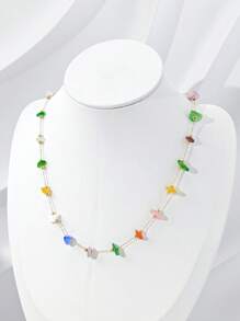 1件女士时尚彩色不对称宝石链项链，百搭且适合海滩度假（宝石颜色和数量可能有所不同） - 彩色59 - 查看 1