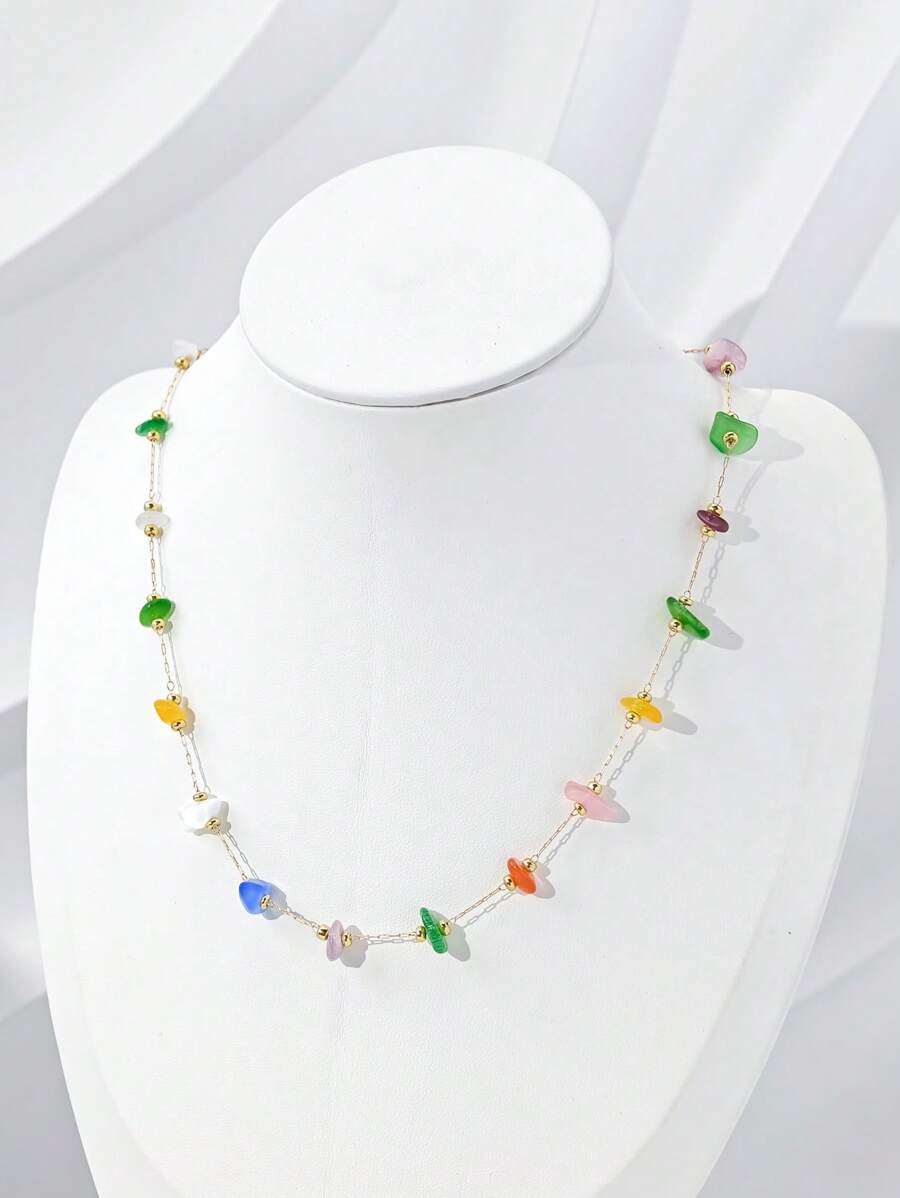 1件女士时尚彩色不对称宝石链项链，百搭且适合海滩度假（宝石颜色和数量可能有所不同） - 彩色59 - 查看 1