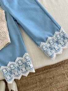 2pcs/Set Baby Girl Knitted Vest And Lace Trim Wide Leg Pants, Cute & Elegant Style - Apricot - View 8