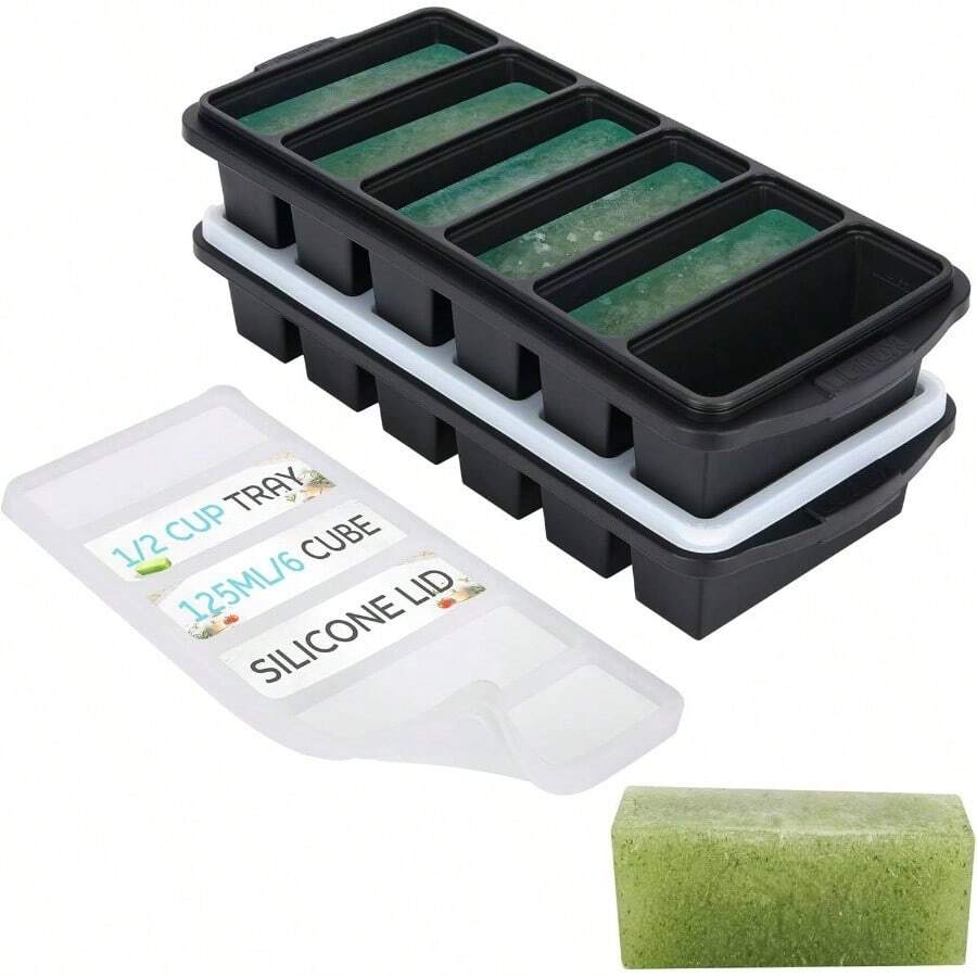 1/2 Cup Silicone Freezer Tray With Lid  Silicone Freezer Molds 2Pack For Meal Prep  Freezing Of Various Saus And Other Dishes, Makes 12 Perfect 1/2 Cup Portions Cubes, Oven And Dishwasher Safe