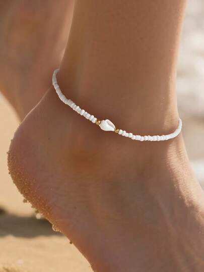 Minimalist Bohemian Style Beaded Shell & Starfish Anklet, Summer Beach Ocean Themed White Bead Ankle Jewelry, Suitable For Daily Wear