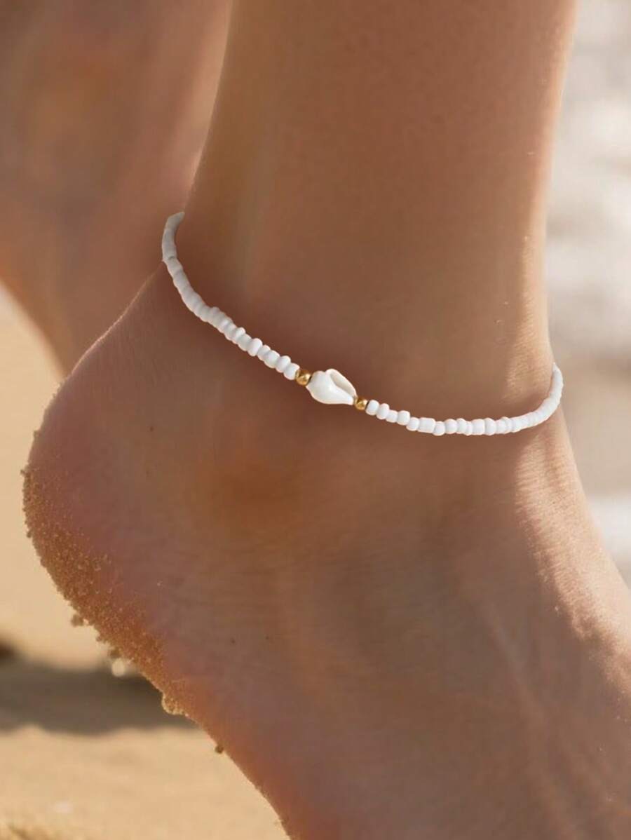 Minimalist Bohemian Style Beaded Shell & Starfish Anklet, Summer Beach Ocean Themed White Bead Ankle Jewelry, Suitable For Daily Wear