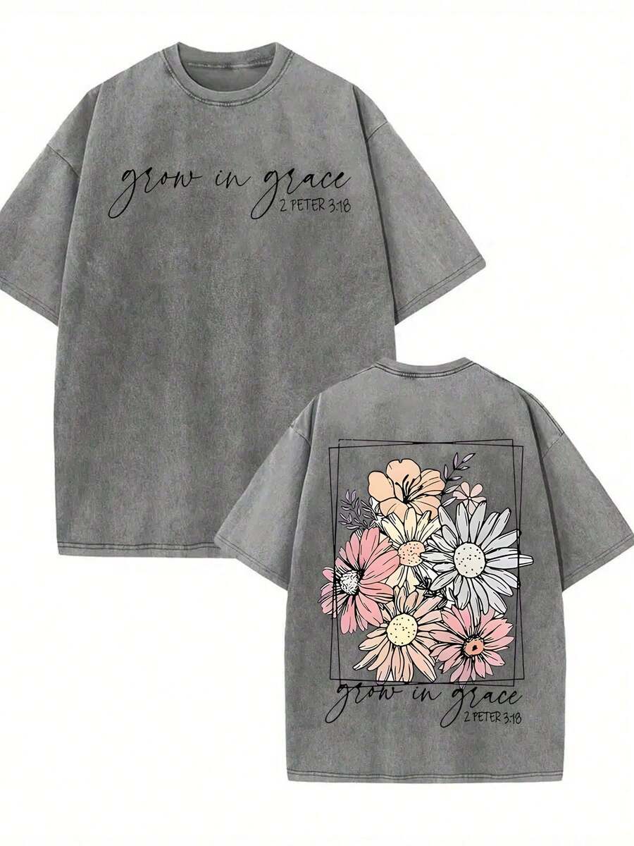 GLEC A Perfect Blend Of Retro And Street Style, Growing In Grace 2 Peter 3:18, Classic Retro Fashion And Casual Blooming Flower Popular Letter Pattern Print Boutique 230g Washed Cotton T-Shirt, Men's Summer High-Quality Retro Fashion Brand Loose, Soft And Comfortable Multi-Color Casual T-Shirt, Unisex, Suitable For Summer Outdoor Wear, With A Certain Thickness, Everyday Wear And Friends' Gifts, Back-To-School Gifts, Spring Gifts, St. Patrick's Day Gifts. - 灰色 - 查看 1