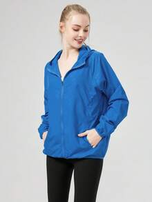 1 件女士轻质防水夹克，休闲风衣外套，速干运动服，黑色长袖女士运动夹克，长袖女士上衣，带储物袋 - 寶藍色 - 查看 6