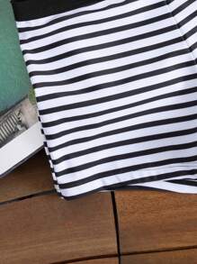 新款女士黑白条纹印花露背系带修身短裤性感简约比基尼套装 - 黑與白 - 查看 7