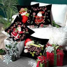 4 st/280 st örngott med jultema, svart bakgrund med jultomten- och polkagrismönster, lämplig för julvardagsrum, sovrum, soffdekoration, 45x45 cm örngott, julfestdekoration, julrestaurangdekoration - Jultomten med käpp på svart bakgrund - Visa 6