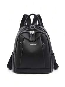 女士大容量休闲旅行背包，简约设计 - 黑色 - 查看 2