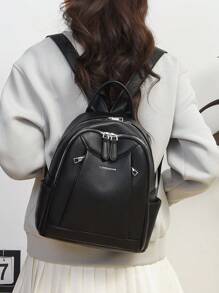 女士大容量休闲旅行背包，简约设计 - 黑色 - 查看 11