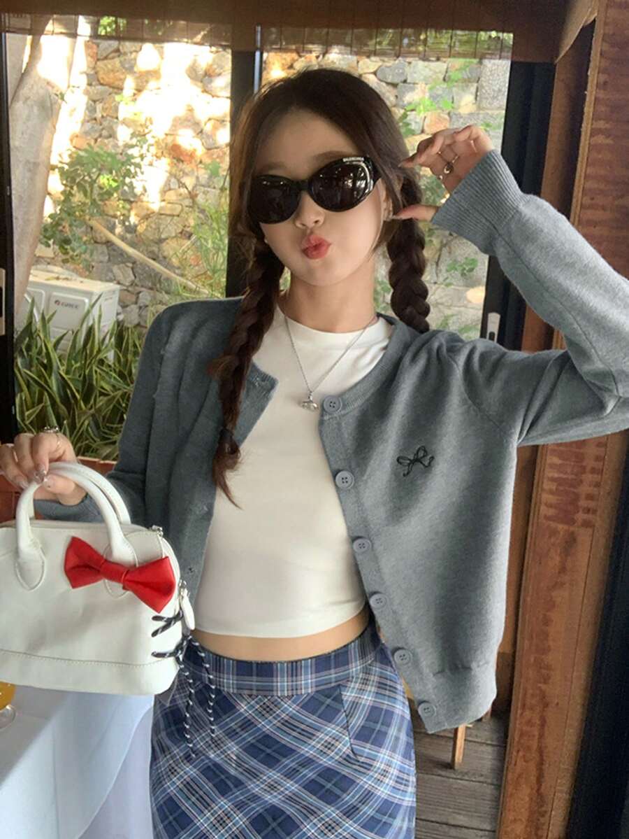 韩版灰色开衫配刺绣蝴蝶结针织外套，长袖外套 - 灰色 - 查看 1