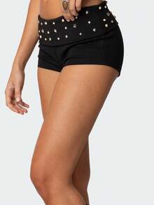 Women Y2K Studded Foldover Micro Shorts Vintage Low Waist Slim Fit Mini Shorts Summer Boxer Short Party Clubwear - 黑色 - 查看 4
