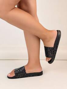 Women's Sequin Embellished Thick Sole Casual Comfortable Non-Slip House Slippers, Summer - Black - View 4