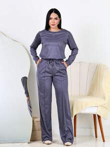Women's Winter Set: Wide Leg Pants And Long Sleeve Suede Top, Elegant And Comfortable - Xám - Xem 4