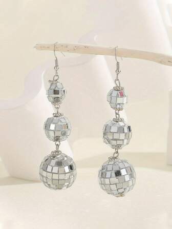 2pcs Triple Disco Ball Glass Bead Earrings, Suitable For Party Wear, Great Gift