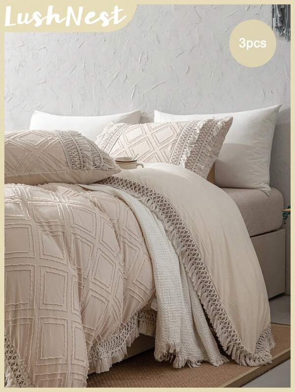 Beige Quilted Bohemian Style Duvet Cover Set, Extra Large - Beige Bohemian Lightweight Bedding Set, 3 Piece Farmhouse Vintage Embroidered Bedspread Set, Gift For Her, Soft Jacquard Duvet Cover For All Seasons