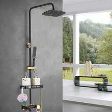 Exposed Shower Faucet System With Rain Shower Head, Black & Gold 3-Function Fixture Set For Luxurious Bathroom - Black and Gold - View 2