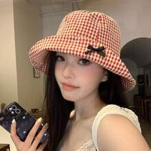 女士波西米亚风优雅蝴蝶结太阳帽，透气渔夫帽，格子丝带，宽边，春夏户外旅行渔夫帽 - 格紋蝴蝶結漁夫帽 - 查看 11